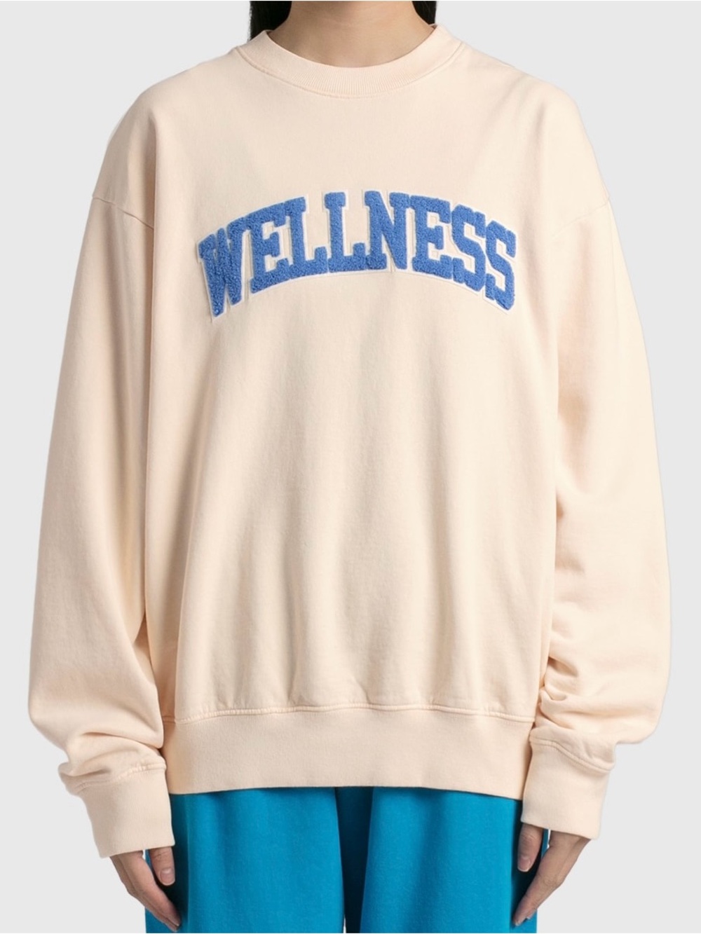 Sporty & Rich Cream Crewneck with Blue 'WELLNESS' Flocked Logo